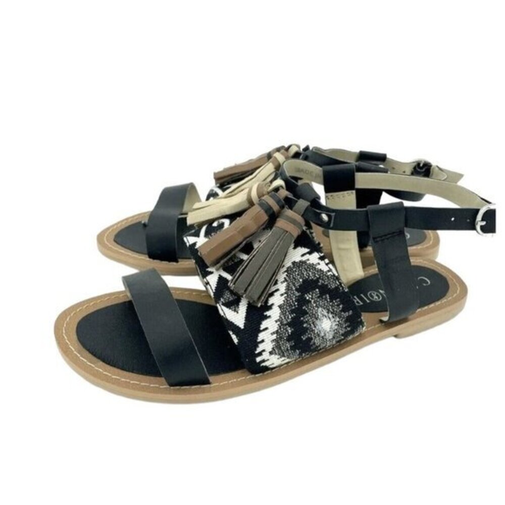 Cafe Noir Black Leather Tassels Strappy Flat Sandals Shoes SZ 36 EU 5.5  US NIB